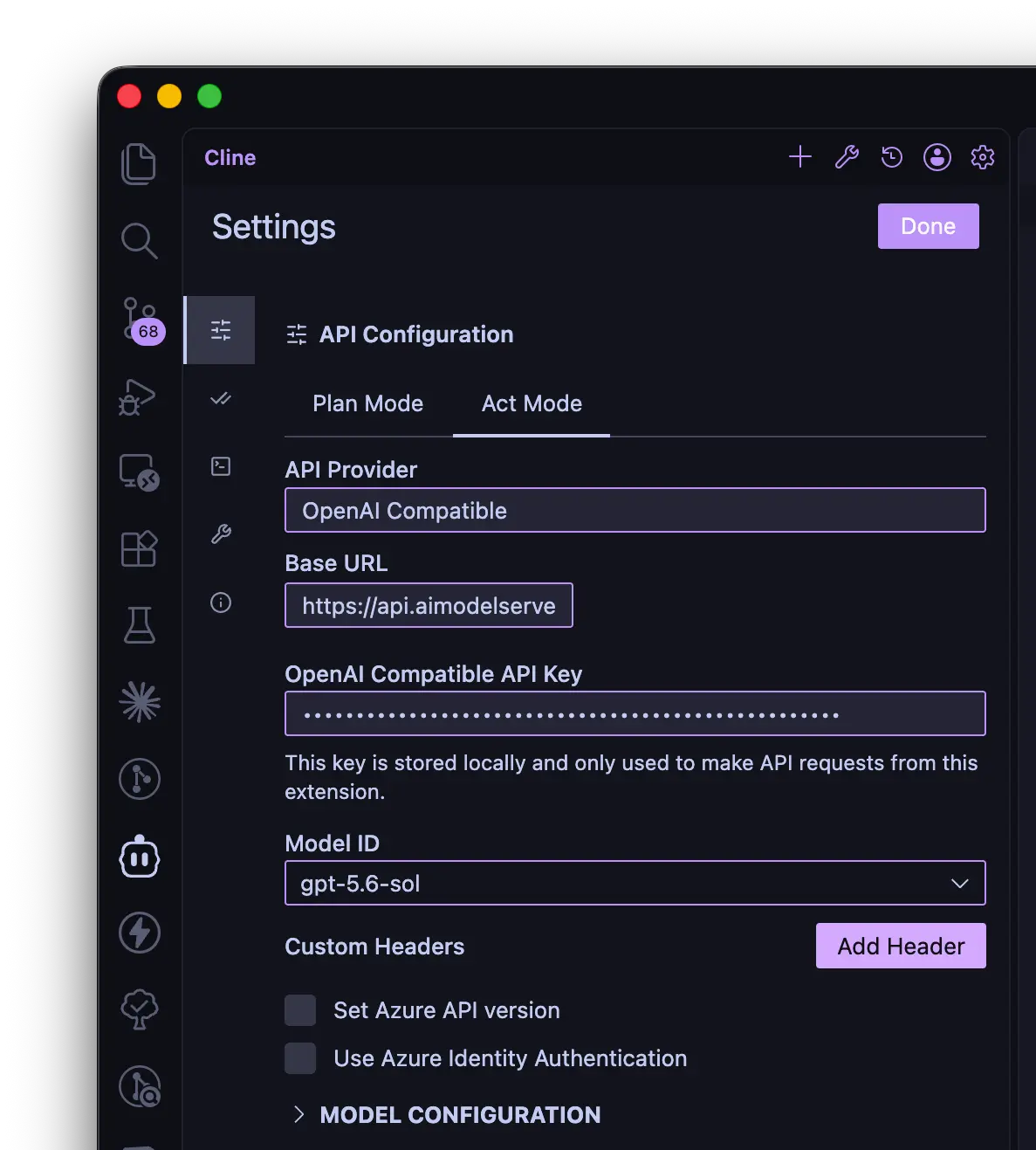 VS Code 中的 Cline 设置页，依次显示右上角设置按钮、API Provider、Base URL、API Key、Model ID 和 Done 按钮