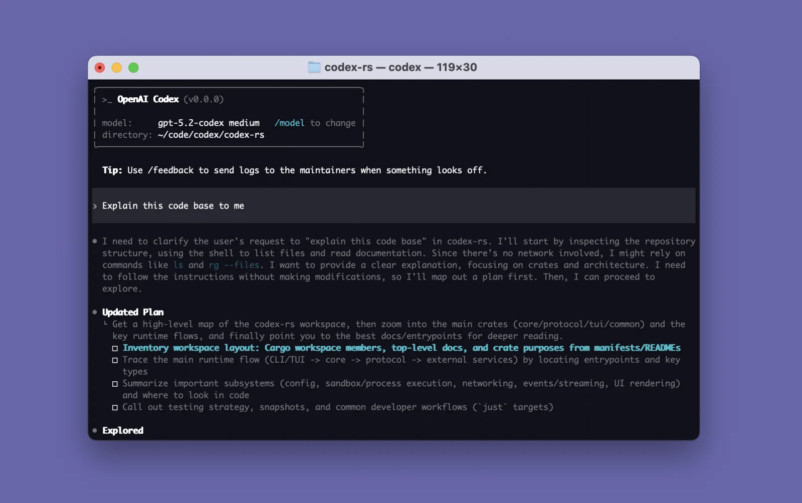 Codex CLI 任务界面，顶部显示当前模型，中间显示用户任务和执行计划