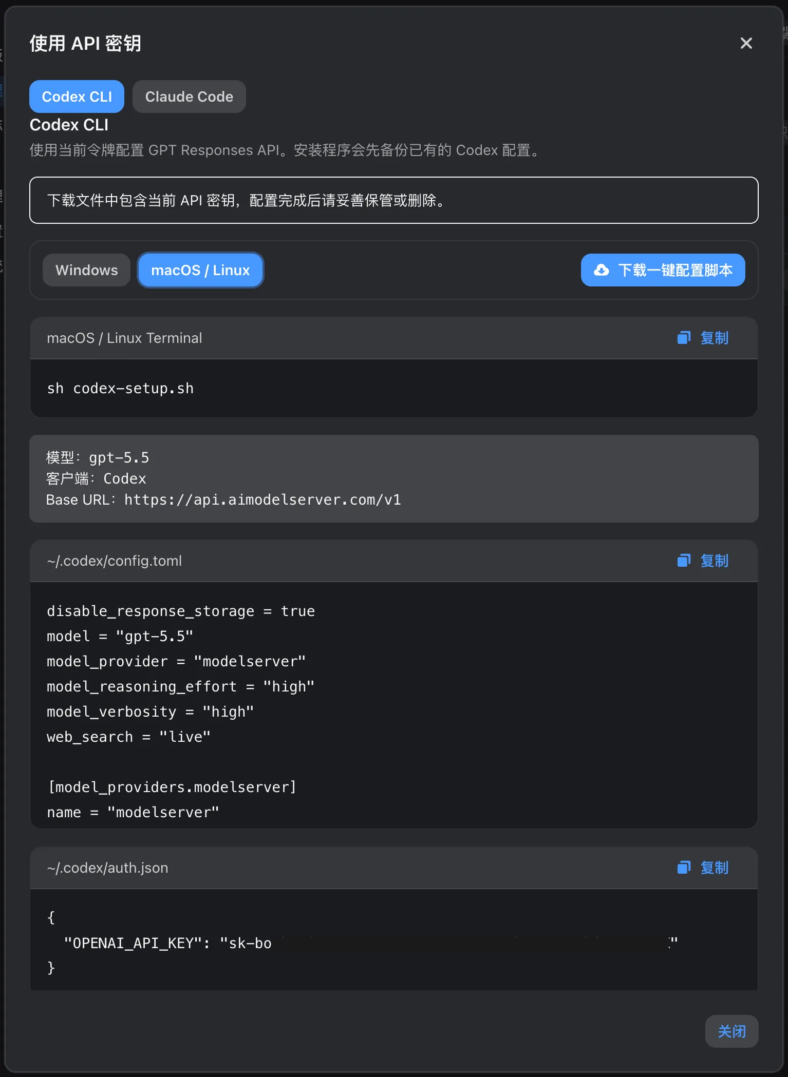 使用 API 密钥弹窗，显示 Codex CLI、操作系统、一键配置脚本，以及 config.toml 和 auth.json 的手动配置内容