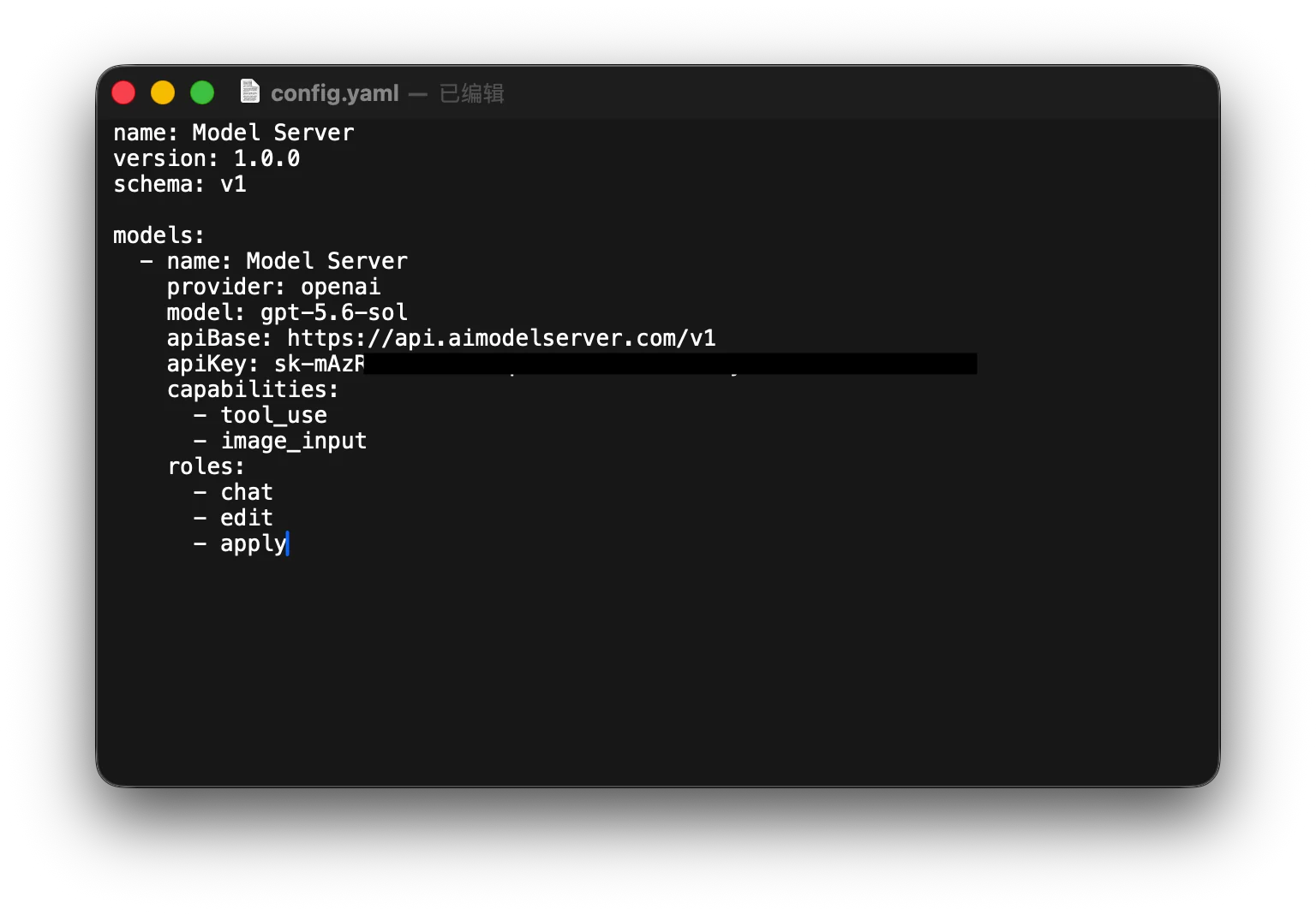 macOS 文本编辑器打开 Continue 的 config.yaml，显示 Model Server 的模型、API Base、API Key 字段、能力和角色配置，API Key 仅保留部分字符用于展示结构