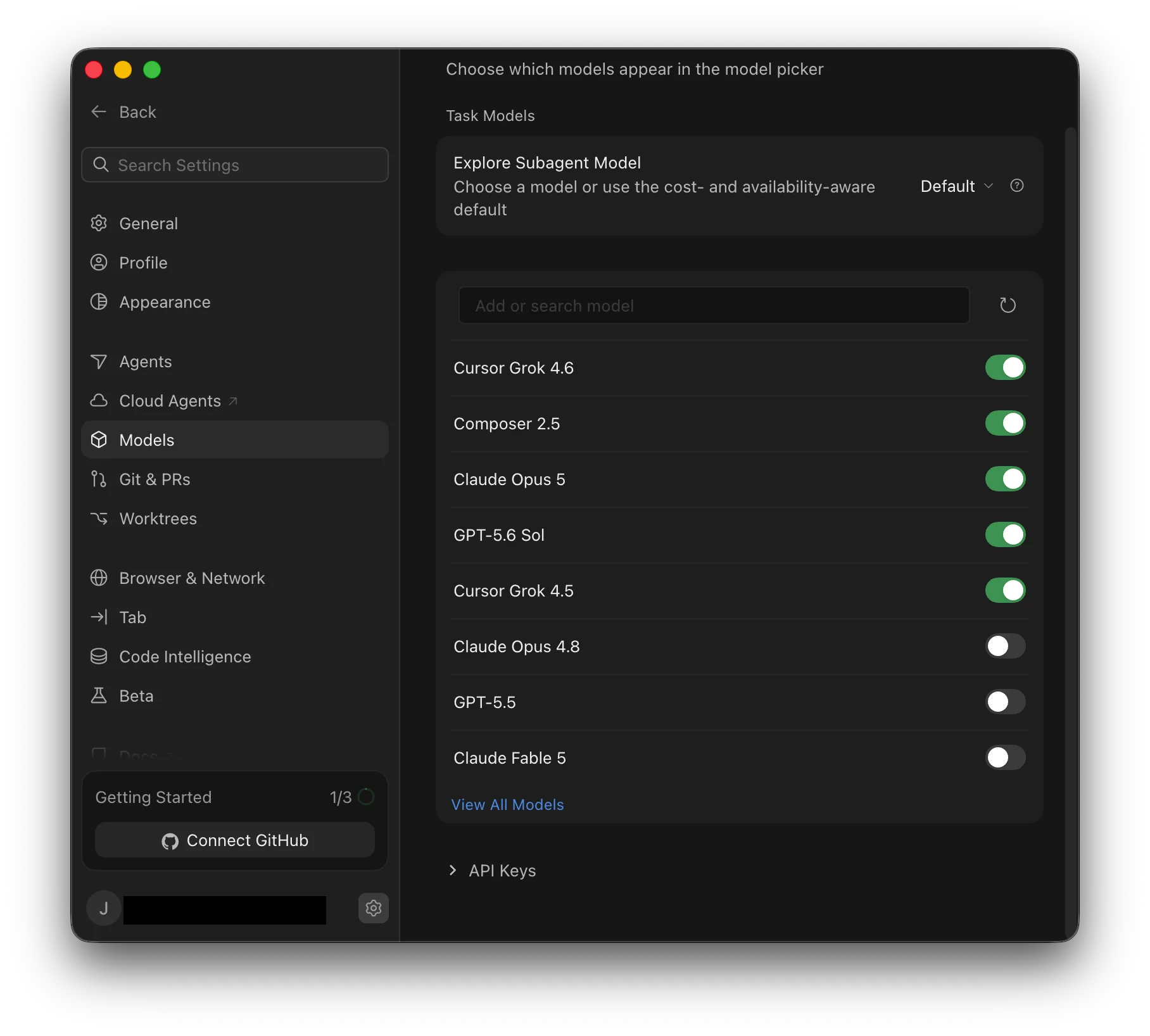 Cursor Models 设置页底部显示折叠的 API Keys 配置区