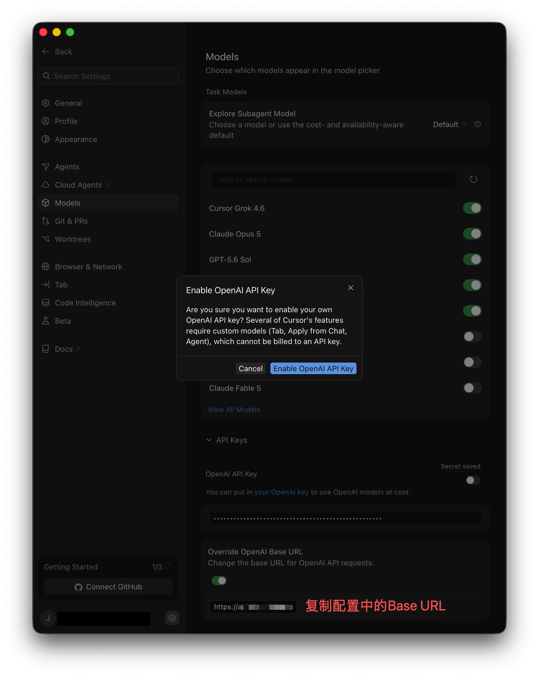 Cursor API Keys 配置区显示 OpenAI API Key、Secret saved、Override OpenAI Base URL 和启用确认弹窗