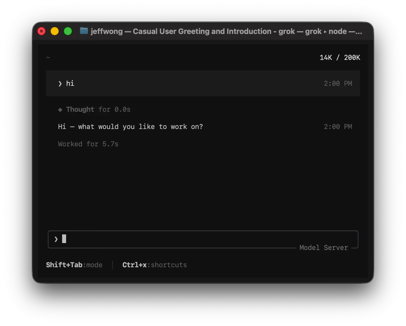 Grok Build 官方终端界面，中央显示模型回复，底部有消息输入框和当前模型名称