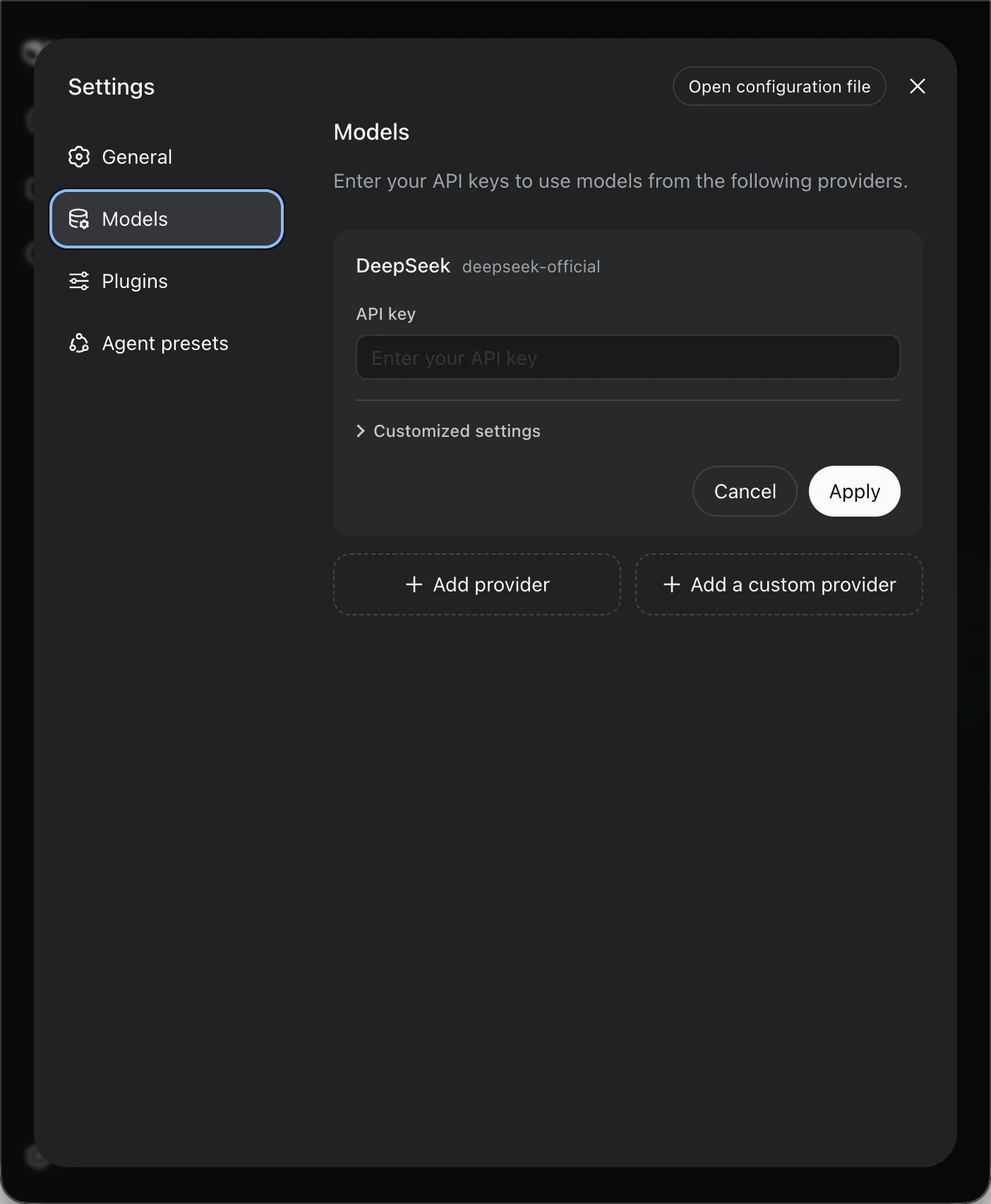 DeepSeek Harness Models 设置页，下方显示 Add a自定义供应商provider 按钮