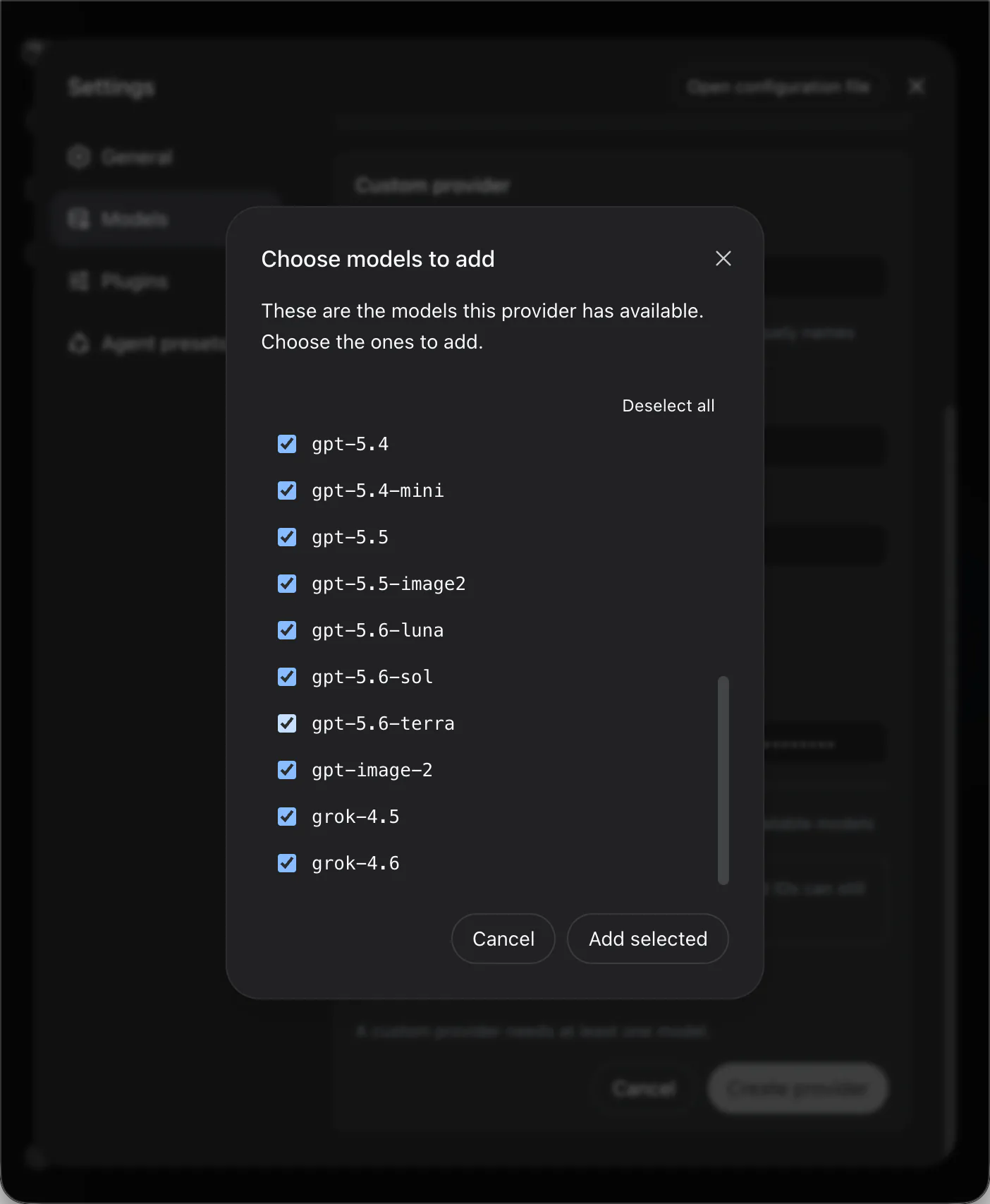 DeepSeek Harness 可用模型弹窗，模型列表左侧显示复选框，底部显示 Add selected 按钮