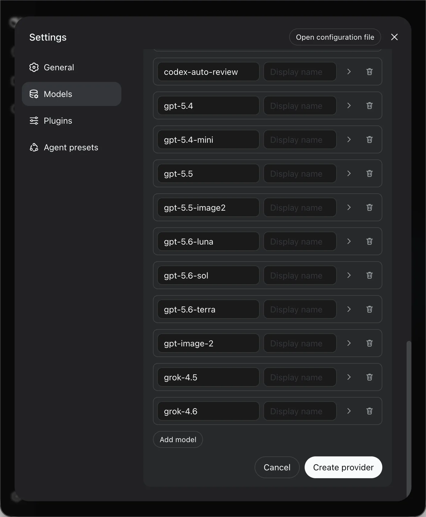 DeepSeek Harness 自定义供应商表单已显示选中的模型，右下角显示 Create provider 按钮