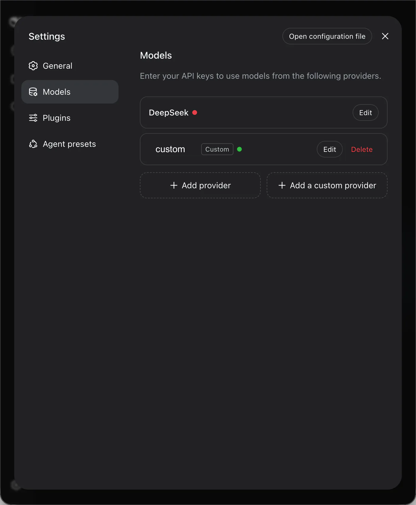 DeepSeek Harness Models 设置页，自定义供应商 供应商右侧显示绿色状态点，弹窗右上角显示关闭按钮