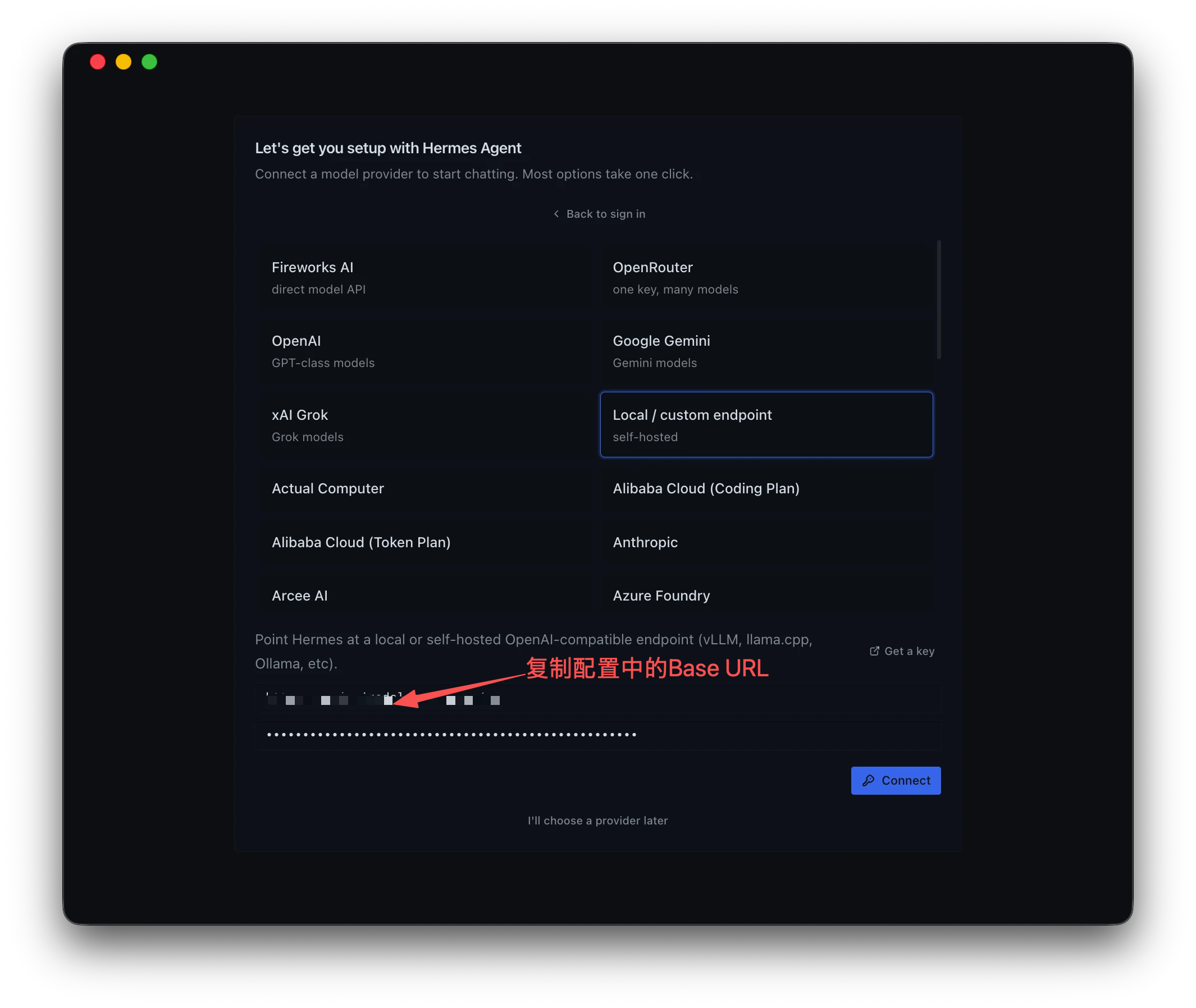 Hermes Agent 首次启动的供应商设置页，Local自定义供应商endpoint 已选中，下方显示 Base URL、API Key 输入框和 Connect 按钮