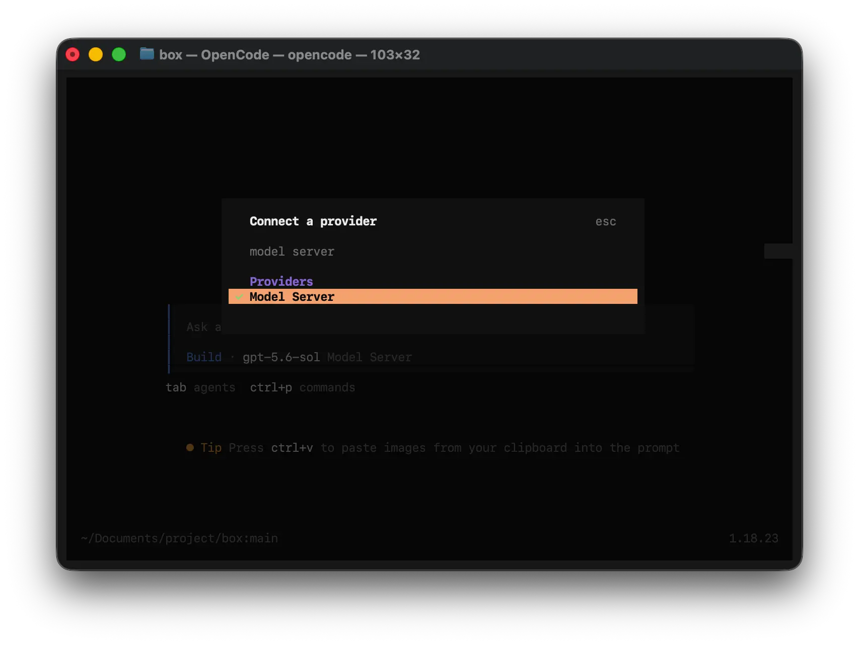 OpenCode 供应商选择窗口，上方搜索组合框输入小写 model server，下方搜索结果高亮显示 Model Server