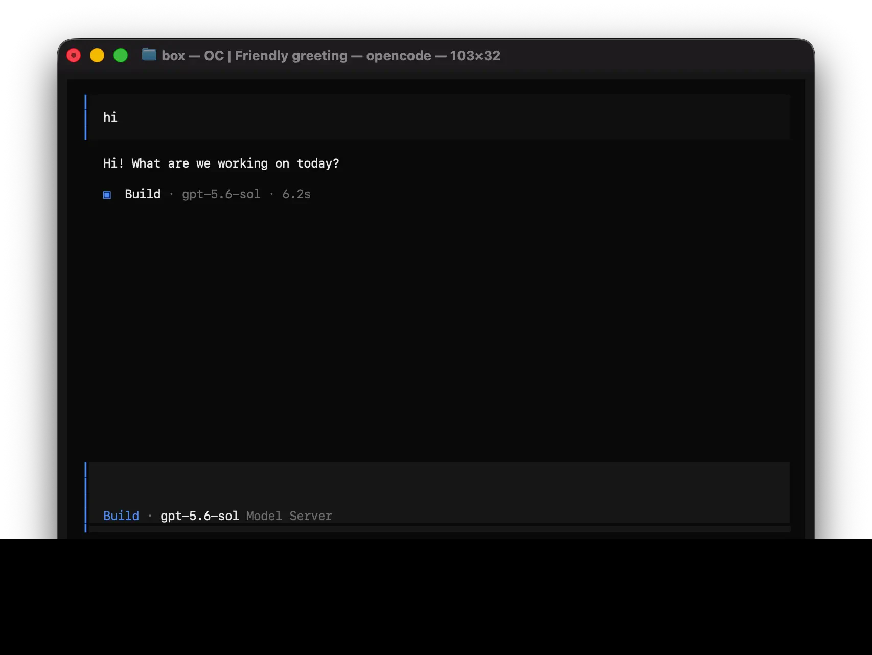 OpenCode 终端界面，底部显示输入区、代理模式、模型和供应商