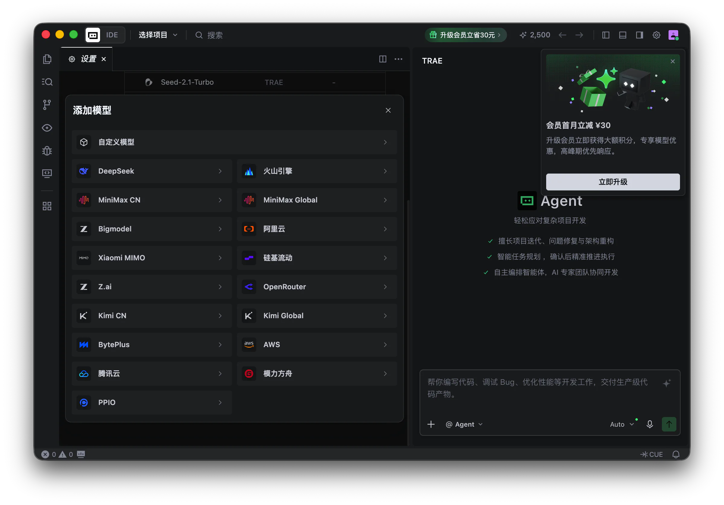 Trae 添加模型弹窗，顶部第一项为自定义模型